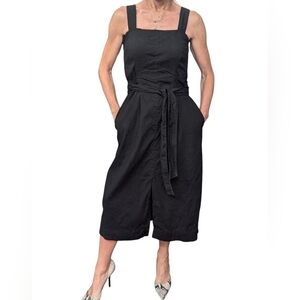 Vince Linen Blend Midi Dress Black Belted Square Neck Size 6